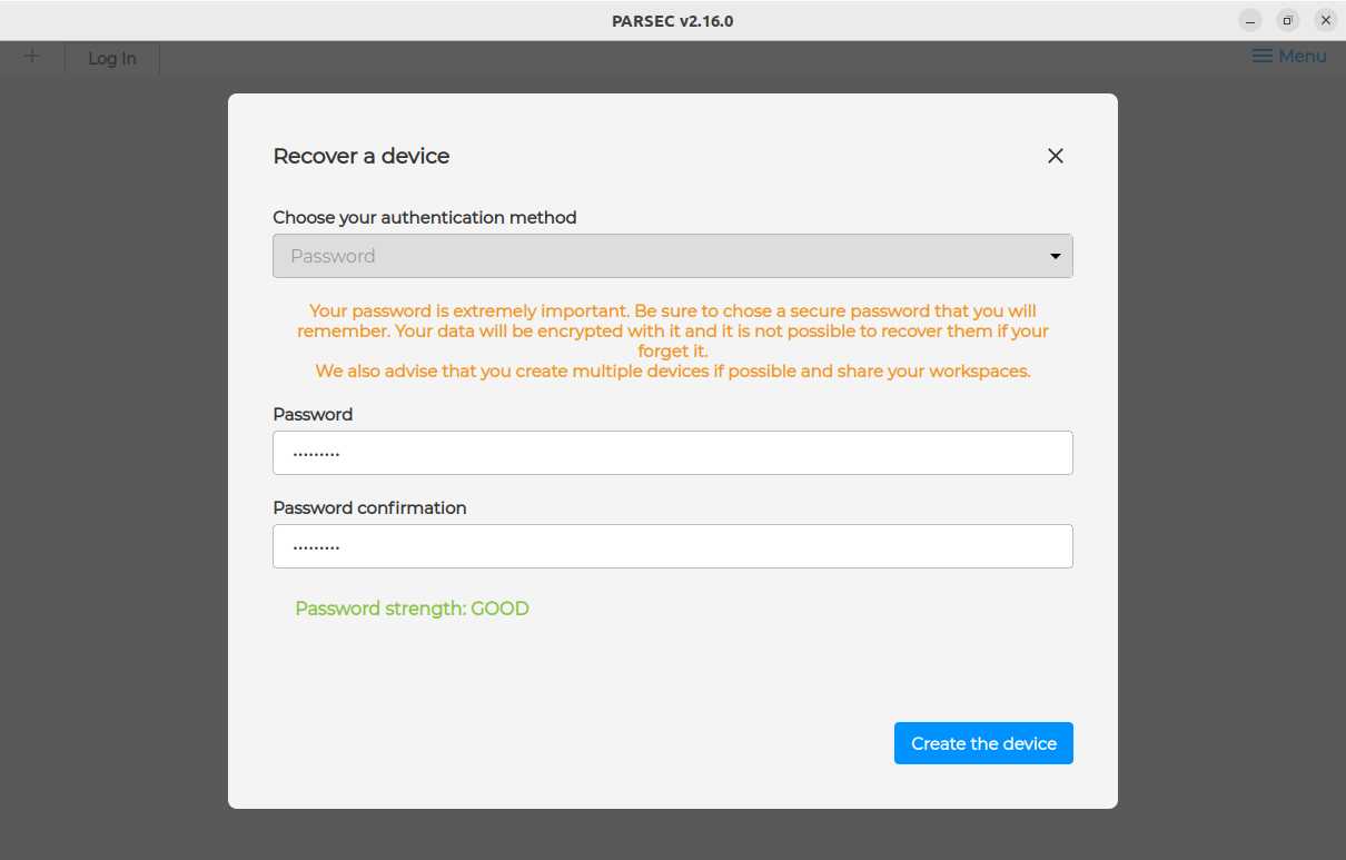 Enter the new password for the recovered device modal